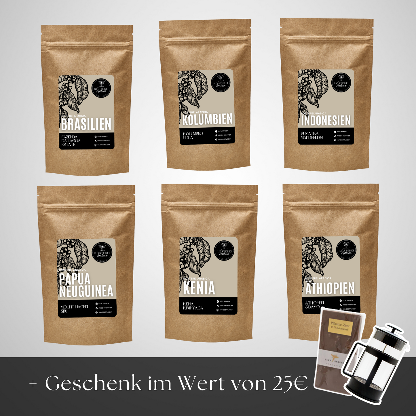 Kaffe Weltreise Bundle - gratis French Press & Schokolade