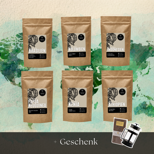 Kaffe Weltreise Bundle - gratis French Press & Schokolade
