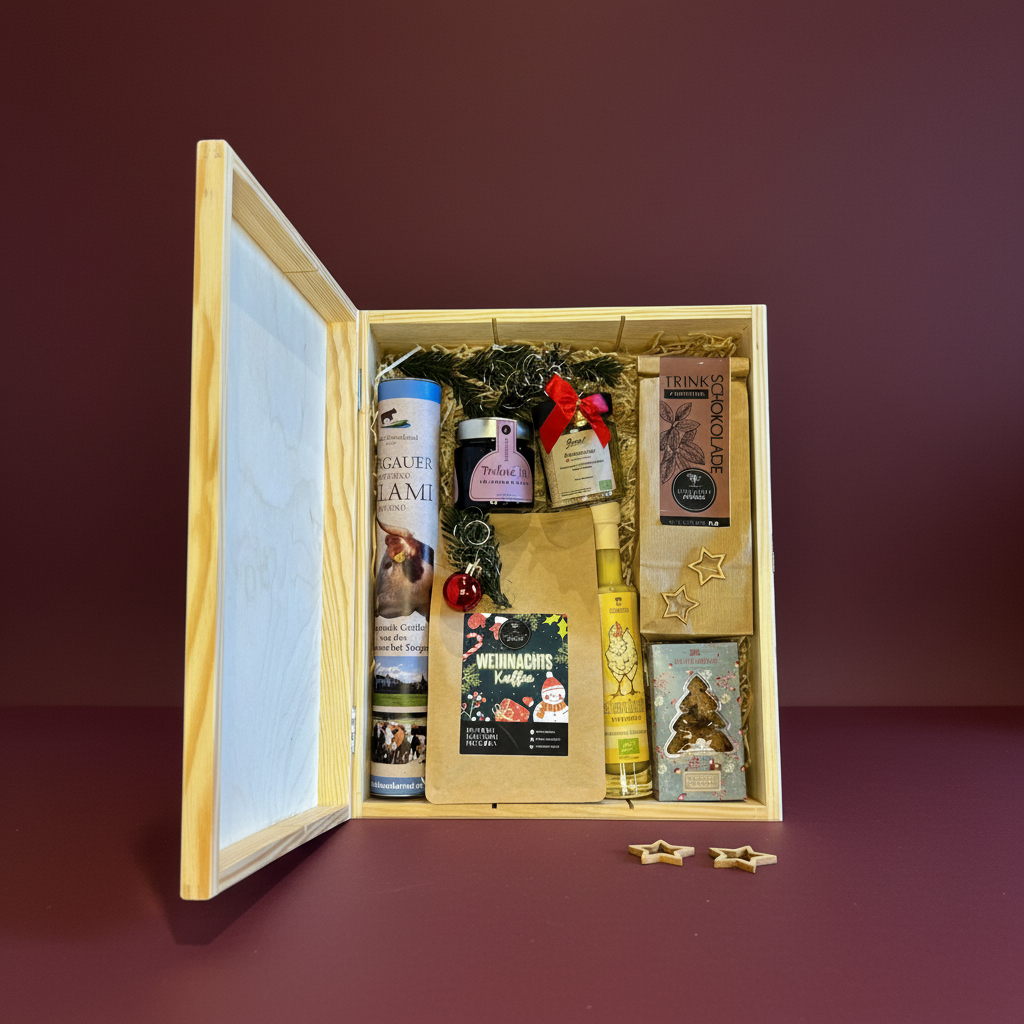 Geschenkset mit Kaffee, Schokolade, Eilerlikör, Plätzchen, Salami, AUfstrich, Gewürz, Trinkschokolade und Weihnachtspräsent in Holzkiste